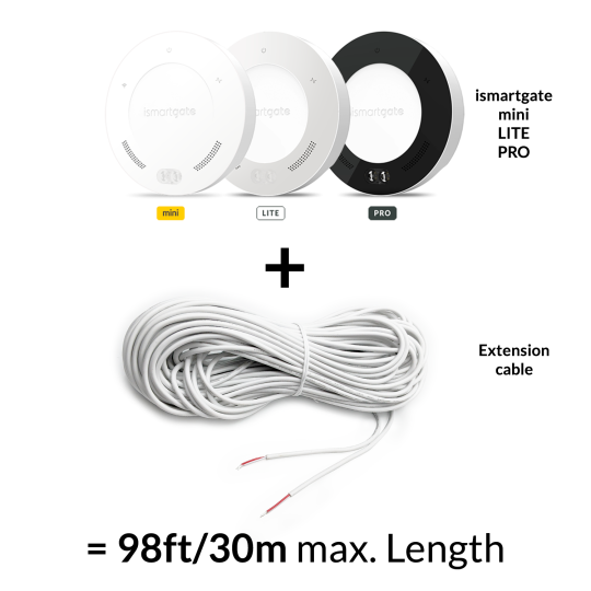 98ft (30m) long extension cable to connect ismartgate PRO to multiple openers or extend the length of the iSG-WDS sensor.